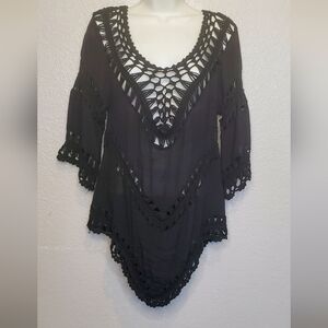 💚5/$25 Black Crochet Long Tunic Top Coverup Boho Festival Off The Shoulder